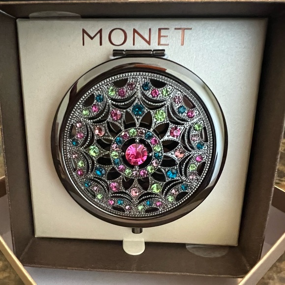 NIB Monet Pink and Black Decorative Compact Mirror - Picture 6 of 8